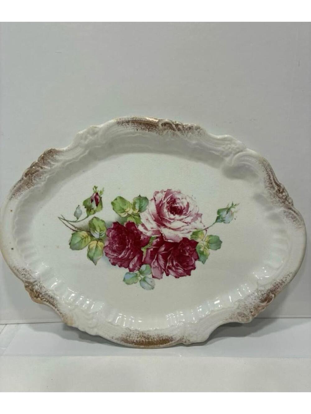 Vintage Antique La Belle China Oval Decorative Tray with Roses and Gold Trim